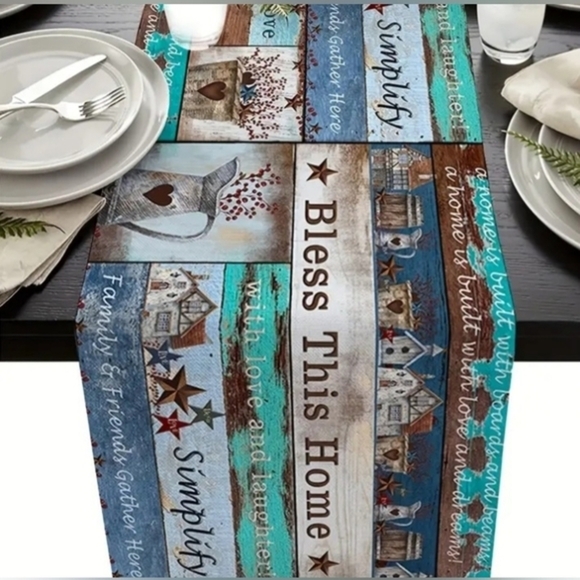 Vintage Wooden Barn Star Table Runner with Blessing‎ Slogan. 13x72. New NWT. - Picture 3 of 7